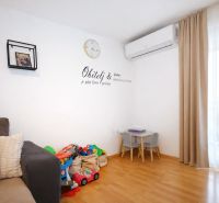Vodice(HR)-Kompletne zariadený 3 izbový apartmán - Interiér Rekreačného apartmánu s hračkami, pohovkou a podlahou s dreveným dekorom.