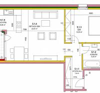 Moderný 2-izbový apartmán s parkovaním, Vila Leonardo, Bajkalská - Pôdorys 2-izbového bytu s terasou, kuchyňou a kúpeľňou.