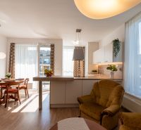 Moderný 2-izbový apartmán s parkovaním, Vila Leonardo, Bajkalská - Obývačka spojená s kuchyňou, jedálenský stôl, podlaha s dreveným dekorom, svetlé závesy.