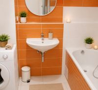 Garsonka 35m2, balkón,novostavba, Sliačska ul. Energie v cene. - Kúpeľňa v garsónke s oranžovými obkladmi, umývadlom a vaňou, rastliny na dekoráciu.