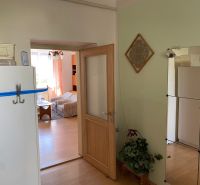 Byt na rekonštrukciu v centre Bratislavy – výborný projekt - Interiér 2-izbového bytu s podlahou s dreveným dekorom, viditeľná obývacia miestnosť.