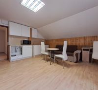 NA PRENÁJOM 3 izbový byt v rodinnom dome Martin Sever - Poddrovný apartmán s kuchyňou, podlahou s dreveným dekorom a jedálenským stolom v 3-izbovom byte.