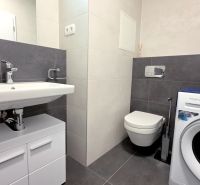 MODERNÝ 2i byt, POD VINICOU, LOGGIA, PARKING, Nové Mesto - Kúpeľňa v 2-izbovom byte s práčkou, umývadlom a tmavými obkladmi na stenách.
