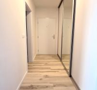 MODERNÝ 2i byt, POD VINICOU, LOGGIA, PARKING, Nové Mesto - Chodba v 2-izbovom byte s podlahou s dreveným dekorom a zrkadlovým šatníkom.