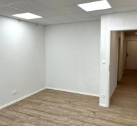 Prenájom kancelárskych / obchodných priestorov s terasou - Kancelárie s podlahou s dreveným dekorom a bielymi stenami.