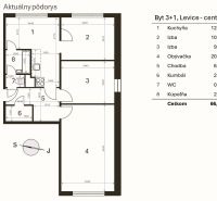 Na predaj: CENTRUM: 3 izb.byt + ŠATNIK + PIVNICA - Pôdorys 3-izbového bytu s rozlohou 66,65 m². Kuchyňa, izby, kúpeľňa.