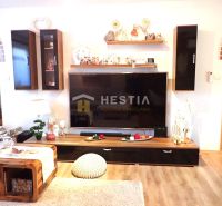 ZNÍŽENÁ CENA Bungalov s veľkým potenciálom Borský Mikuláš - Obývacia izba v rodinnom dome s televíziou, dekoráciami a podlahou s dreveným dekorom.