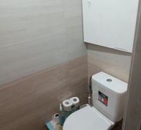 Na prenájom  veľkometrážny 3 izbový byt Nová Baňa - Kúpeľňa v 3-izbovom byte s bielym WC a podlahou s dreveným dekorom.