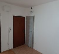 Na prenájom  veľkometrážny 3 izbový byt Nová Baňa - Biele steny, dvere s dlažbou a podlahou s dreveným dekorom v 3-izbovom byte.