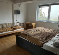 Rodinný dom v Štitároch s výhľadom a pod lesom - Spálňa v rodinnom dome s posteľou, lôžkom, stolom, oknom a podlahou s dreveným dekorom.
