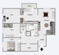 TOP! 4 izb. byt, balkón, 100 m2 (šatník, 2x toaleta, 3x klíma, zariade - Pôdorys 4-izbového bytu so šatníkom a balkónom, obsahuje kúpeľňu a kuchyňu.