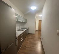 PRENÁJOM – 2-izbový veľkometrážny byt – Mostná, Nitra - Kuchyňa s chladničkou a podlahou s dreveným dekorom v 2-izbovom byte.