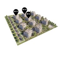 Na predaj 2-izbový byt s balkónom - C4 - Vizualizácia developerského projektu s bytmi, 2-izbový byt, označené budovy BD C2, C3, C4.