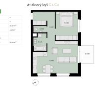 Na predaj 2-izbový byt s balkónom - C4 - Návrh 2-izbového bytu zahrňujúci spálňu, obývačku, a balkón s plochou.