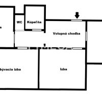 Na predaj 3 izbový byt k nasťahovaniu v meste Humenné - Pôdorys 3-izbového bytu: kuchyňa, kúpeľňa, WC, obývacia izba s loggiou, dve izby.