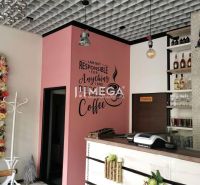 ODSTÚPENIE ZABEHNUTEJ REŠTAURÁCIE Bistro Dominika–VRANOV N/T - Stena s nápisom v gastro priestoroch, podlaha s dreveným dekorom, kvety, regály.