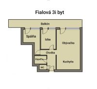 | moderný 3i byt | parkovanie | novostavba | REZERVOVANÝ - Pôdorys 3-izbového bytu s balkónom, chodbou, kuchyňou, obývačkou a kúpeľňou.