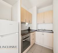 Na predaj 1-izb. s vlastným park. státím, Bratislava  - Kuchyňa v 1-izbovom byte s bielou chladničkou a drevenými skrinkami.