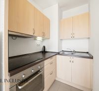 Na predaj 1-izb. s vlastným park. státím, Bratislava  - Kompaktná kuchyňa v 1-izbovom byte s drevenými skrinkami a varnou doskou.