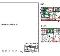 Prenájom A-Class logistickej haly s kanceláriami – 7 026 m², Galanta - Pôdorys skladov a hál s kanceláriami, rozmery haly 6638 m², kancelárie 418,92 m².