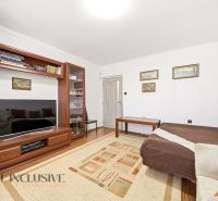Na predaj 5-izbový rodinný dom v Malých Dvorníkoch - Obývačka v rodinnom dome s dekoratívnym kobercom a nábytkom z tmavého dreva.