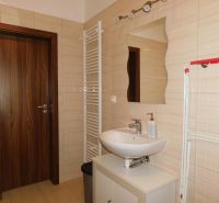 Moderný 2-izbový byt na prenájom-Hviezdoslavov–parkovanie,klimatizácia - Kúpeľňa v 2-izbovom byte s umývadlom, zrkadlom a rebríkovým radiátorom.