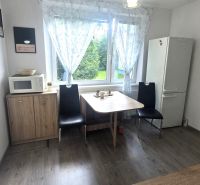 NA PRENÁJOM 1 izbový byt, Prešov, sídl. III, ul. Mukačevská - Kuchyňa v 1-izbovom byte s podlahou s dreveným dekorom, stôl, chladnička, mikrovlnná rúra.