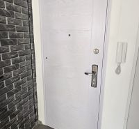 NA PRENÁJOM 1 izbový byt, Prešov, sídl. III, ul. Mukačevská - Svetlé vchodové dvere s tehlovým obkladom a podlahou s dreveným dekorom v 1-izbovom byte.