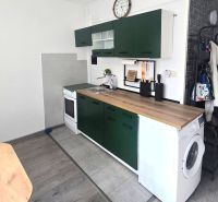 NA PRENÁJOM 1 izbový byt, Prešov, sídl. III, ul. Mukačevská - Kuchynská linka s práčkou v 1-izbovom byte, podlaha s dreveným dekorom.