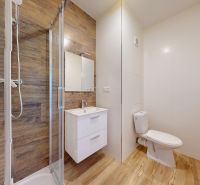 1-izbový byt 39.7m2, ul. Cukrovarská | Trenčianská Teplá - Kúpeľňa s podlahou s dreveným dekorom, sprchovacím kútom a umývadlom v 1-izbovom byte.
