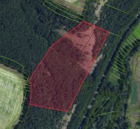 Domaníky – 49.000 m2 LESNÝ REKREAČNÝ POZEMOK v podiele 1/1 - Letecký pohľad na poľnohospodárske a lesné pozemky v Domaníkoch, obkolesené zeleňou.