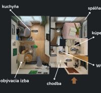 JEDNOIZBOVÝ PREROBENÝ NA DVOJIZBOVÝ BYT - Pôdorys 2-izbového bytu s kuchyňou, obývacou izbou, spálňou, kúpeľňou a WC.