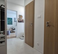 MODERNÝ DVOJIZBOVÝ BYT, 37M2, DÚBRAVKA - Chodba so vstupom do obývačky v 2-izbovom byte, svetlá dlažba a drevené dvere.