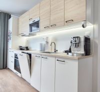 MODERNÝ DVOJIZBOVÝ BYT, 37M2, DÚBRAVKA - Kuchynská linka s dreveným dekorom v 2-izbovom byte, svetlá podlaha.