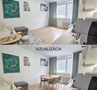 MODERNÝ DVOJIZBOVÝ BYT, 37M2, DÚBRAVKA - Obývačka v 2-izbovom byte s podlahou s dreveným dekorom a dekoratívnymi obrazmi na stene.