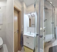 MODERNÝ DVOJIZBOVÝ BYT, 37M2, DÚBRAVKA - Kúpeľňa v 1-izbovom byte so sprchovým kútom, práčkou a bielym obkladom.
