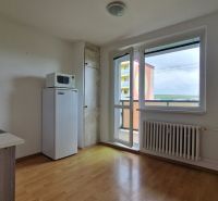 AstonReal: predaj 2-izbovy byt 57m2 + loggia, Kežmarok - K. Kuzmányho - Kuchyňa v 2-izbovom byte s podlahou s dreveným dekorom, chladničkou a výhľadom z balkóna.