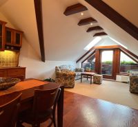 PREDANÉ !!!!Na predaj penzión – Nová Lesná, Vysoké Tatry O600BD - Podkrovný apartmán v Hotely a penzióny s dreveným dekorom a pohodlným sedením.