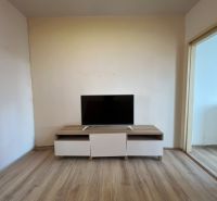 Na predaj 1-izbový byt s loggiou - Žiar nad Hronom, M. Chrasteka 1B718 - Izba s TV na skrinke, podlaha s dreveným dekorom, priestor v 1-izbovom byte.