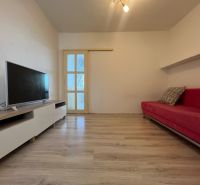 Na predaj 1-izbový byt s loggiou - Žiar nad Hronom, M. Chrasteka 1B718 - Obývacia izba s TV, červenou sedačkou a podlahou s dreveným dekorom v 1-izbovom byte.