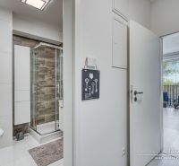 1-izbový byt v Trnave na Mikovíniho ulici s garážovým parkovaním - Interiér 1-izbového bytu s kúpeľňou a obývačkou s podlahou s dreveným dekorom.