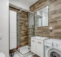 1-izbový byt v Trnave na Mikovíniho ulici s garážovým parkovaním - Kúpeľňa s dreveným dekorom, sprchovým kútom a práčkou v 1-izbovom byte.