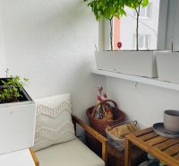 Na predaj 3.izb.byt v Petržalke pri novej elek.trati.65m2 - Zátišie s kreslom a rastlinami na útulnom balkóne v 3-izbovom byte.