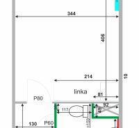 Predáme novorekonštruovanú garzonku v Šali - Pôdorys garsónky s kuchynskou linkou a kúpeľňou obsahujúcou práčku a toaletu.