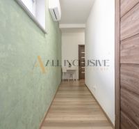 NA PREDAJ 4 IZBOVÝ RODINNÝ DOM - NOVOSTAVBA, ŠAMORÍN - Chodba rodinného domu s drevenou podlahou, zelenou stenou a dverami z tmavého dreva.