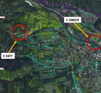 Vrútky – 920 m2 POZEMKY na okraji intravilánu - Letecká mapa pozemkov v oblasti Vrútok ilustruje poľnohospodárske a lesné pozemky.