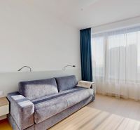 SKY PARK 3izbový byt a výhľad na hrad - Svetlá izba v 3-izbovom byte s pohovkou, stolíkom a podlahou s dreveným dekorom.