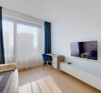 SKY PARK 3izbový byt a výhľad na hrad - Obývacia izba s pohovkou, písacím stolom, televízorom a podlahou s dreveným dekorom v 3-izbovom byte.