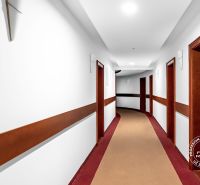 ZARIADENÁ garsónka na brehu jazera Draždiak s parkovaním - Chodba s tmavým lemovaním a dverami vedúca k apartmánom alebo bytom.