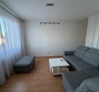 3 izbový byt s balkónom v meste Levice - Obývacia izba so sivou sedačkou, stolíkom a podlahou s dreveným dekorom v 3-izbovom byte.